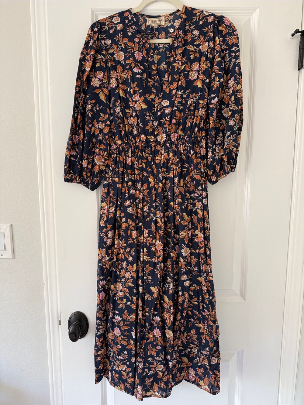 Mille Navy Floral Midi Dress with Elastic Waist and Puff Sleeves